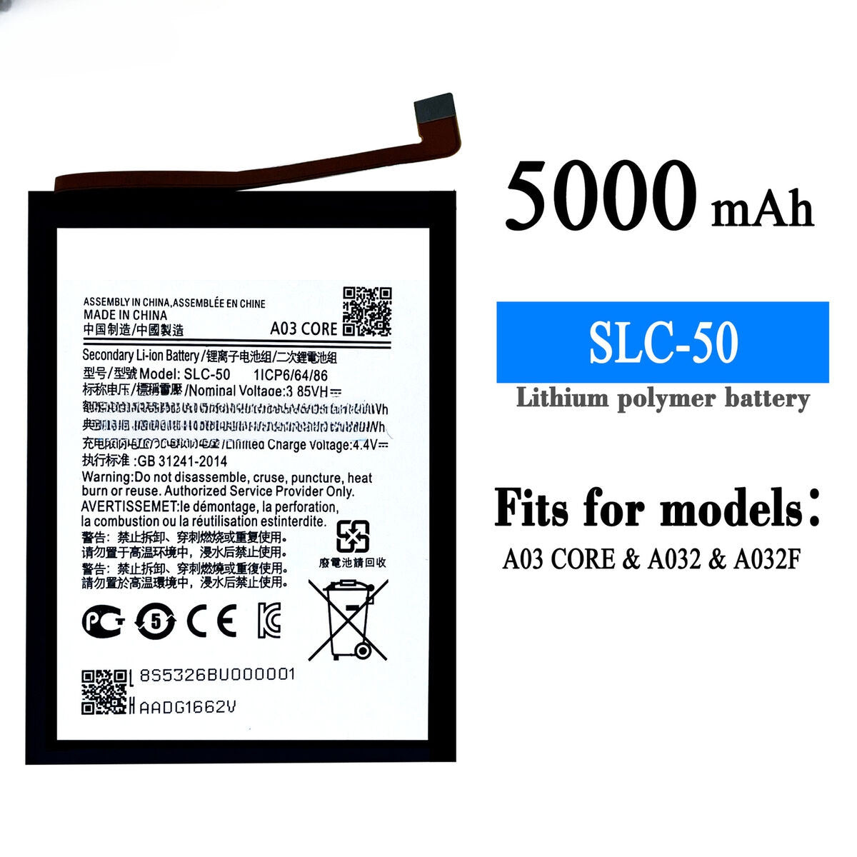 Batterie de remplacement pour Samsung Galaxy A03 Core (SM-A032F), SLC-50 Batterie de remplacement pour Samsung Galaxy A03 Core (SM-A032F), SLC-50
